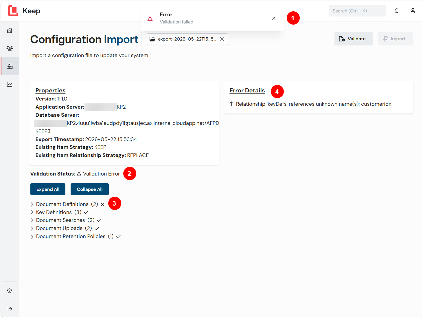 The Configuration Import page after an import file failed validation.